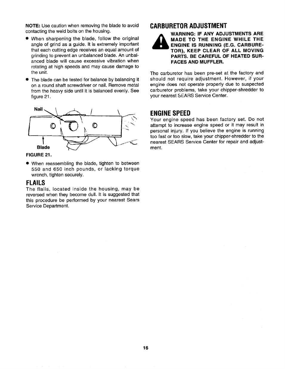 Carburetor adjustment, Flails, Engine speed | Craftsman 247.795850 User Manual | Page 16 / 42