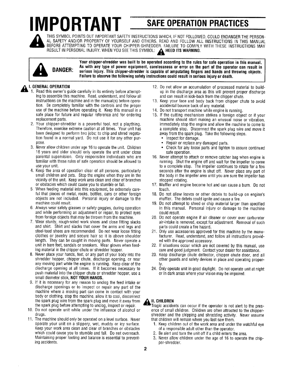 I. general operation, Ii. children, Important | Safe operation practices | Craftsman 247.795850 User Manual | Page 2 / 42