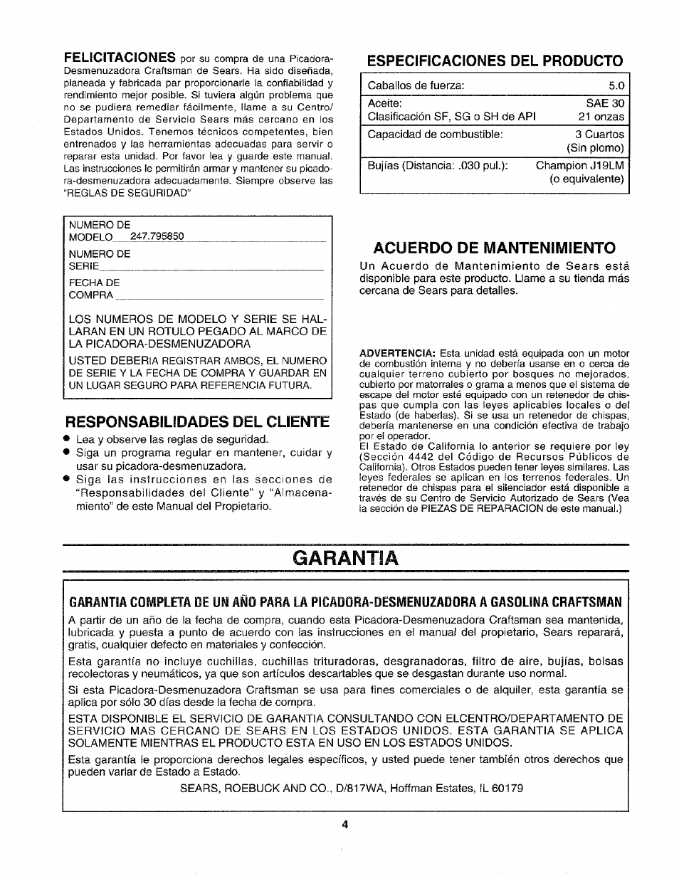 Especificaciones del producto, Responsabilidades del cliente, Acuerdo de mantenimiento | Garantia, Felicitaciones | Craftsman 247.795850 User Manual | Page 28 / 42