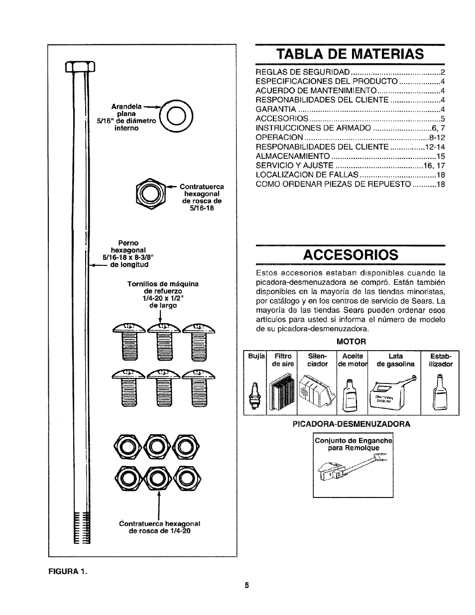 Tabla de materias, Accesorios, Motor | Picadora-desmenuzadora | Craftsman 247.795850 User Manual | Page 29 / 42