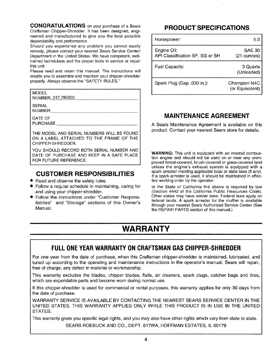 Product specifications, Customer responsibilities, Maintenance agreement | Warranty | Craftsman 247.795850 User Manual | Page 4 / 42
