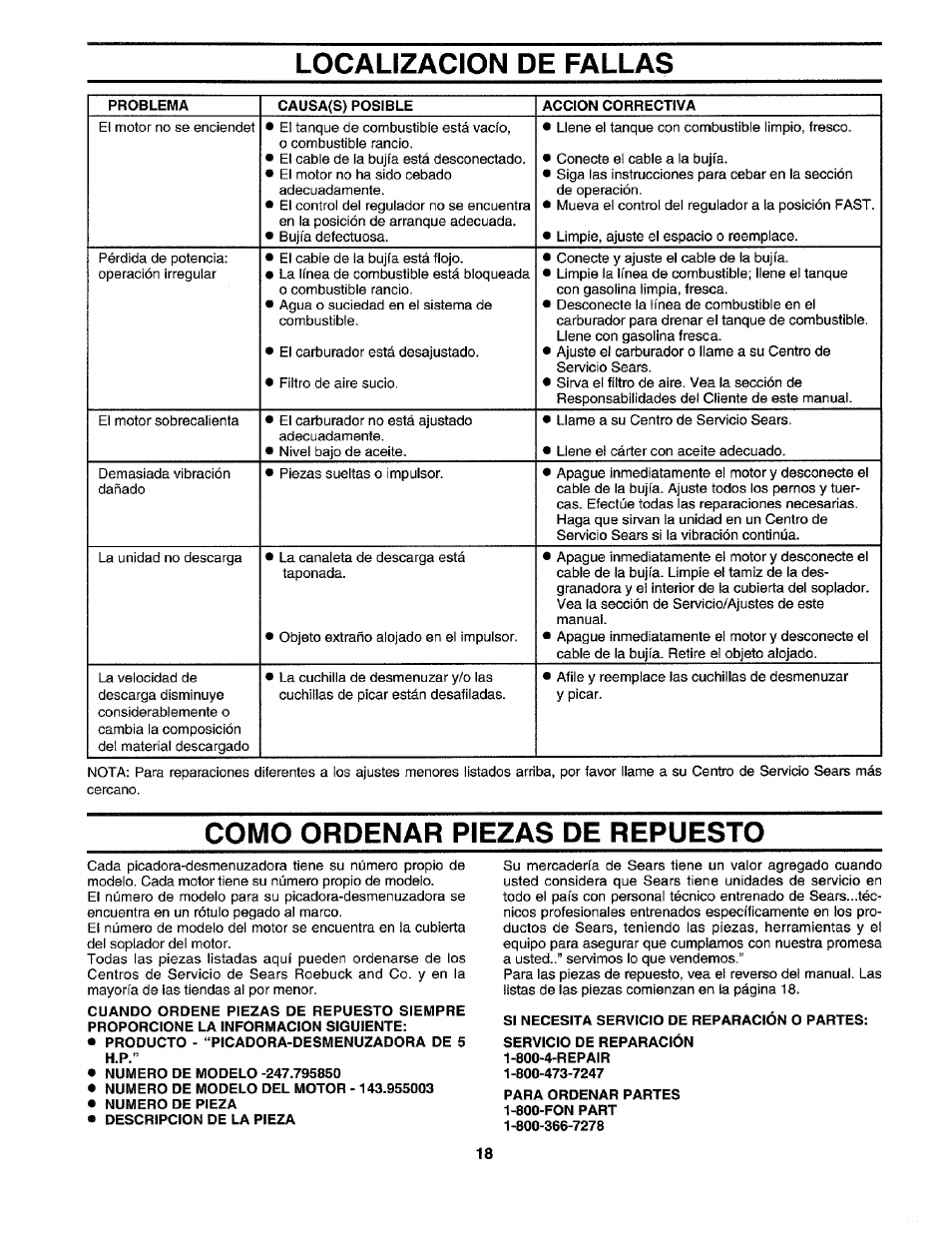 Localizacion de fallas, Como ordenar piezas de repuesto | Craftsman 247.795850 User Manual | Page 42 / 42