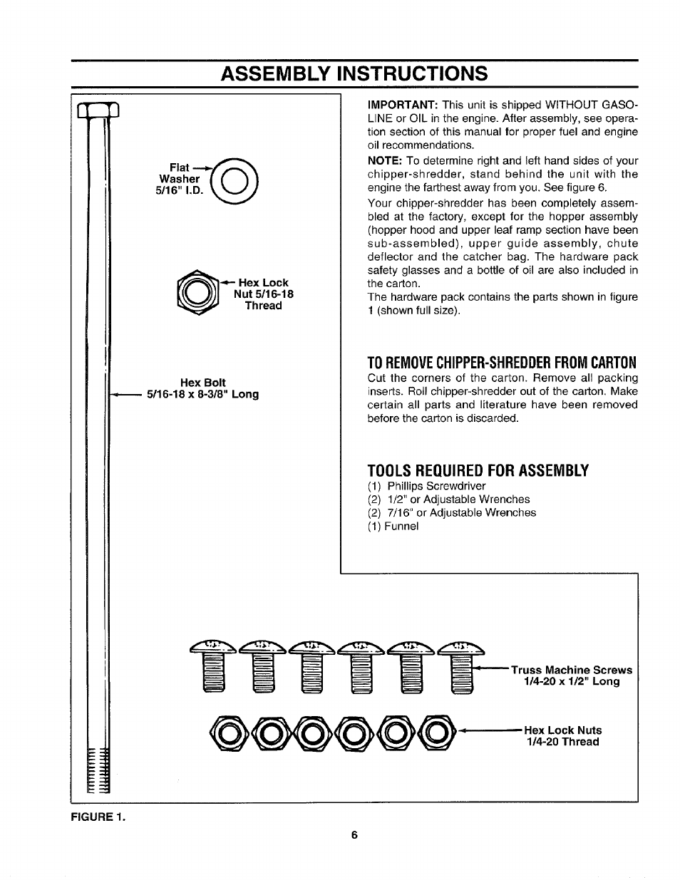 Assembly instructions, To remove chipper-shredder from carton, Tools required for assembly | Craftsman 247.795850 User Manual | Page 6 / 42