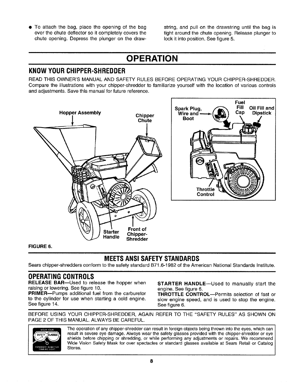 Operation, Know your chipper-shredder, Meets ansi safety standards | Operating controls | Craftsman 247.795850 User Manual | Page 8 / 42