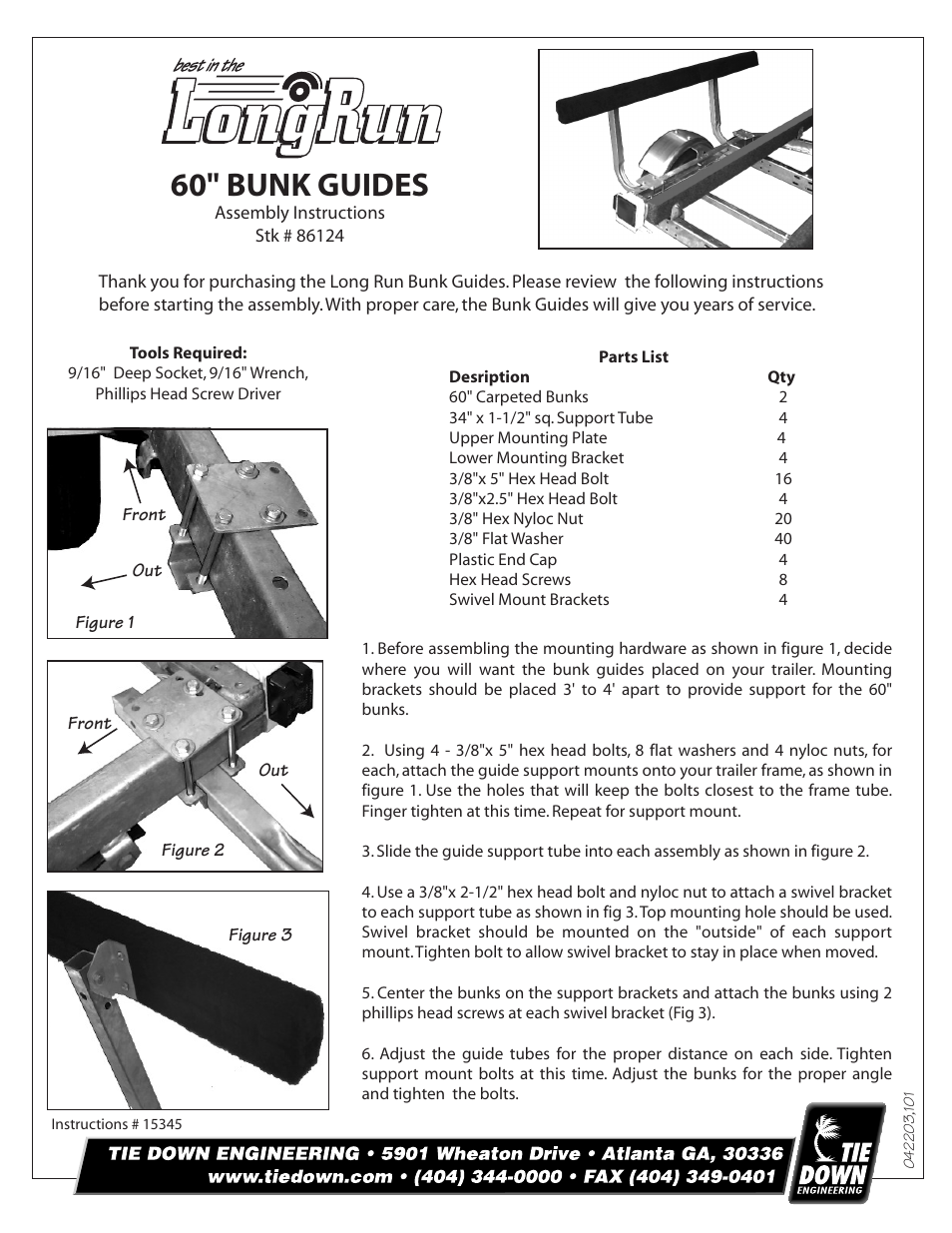 Tie Down Bunk Guides 60 User Manual | 1 page