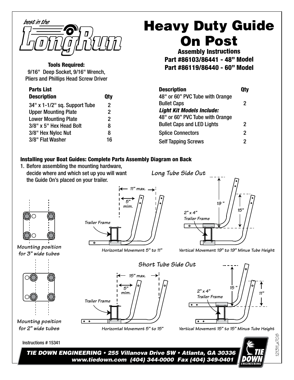 Tie Down Heavy Duty Guide On Post User Manual | 2 pages