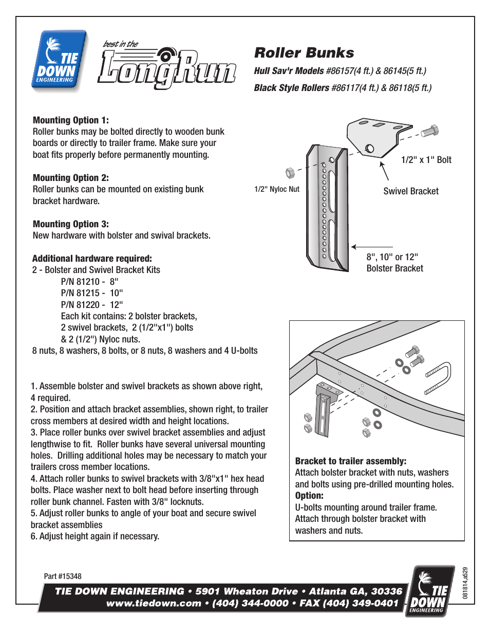 Tie Down Roller Bunks User Manual | 1 page