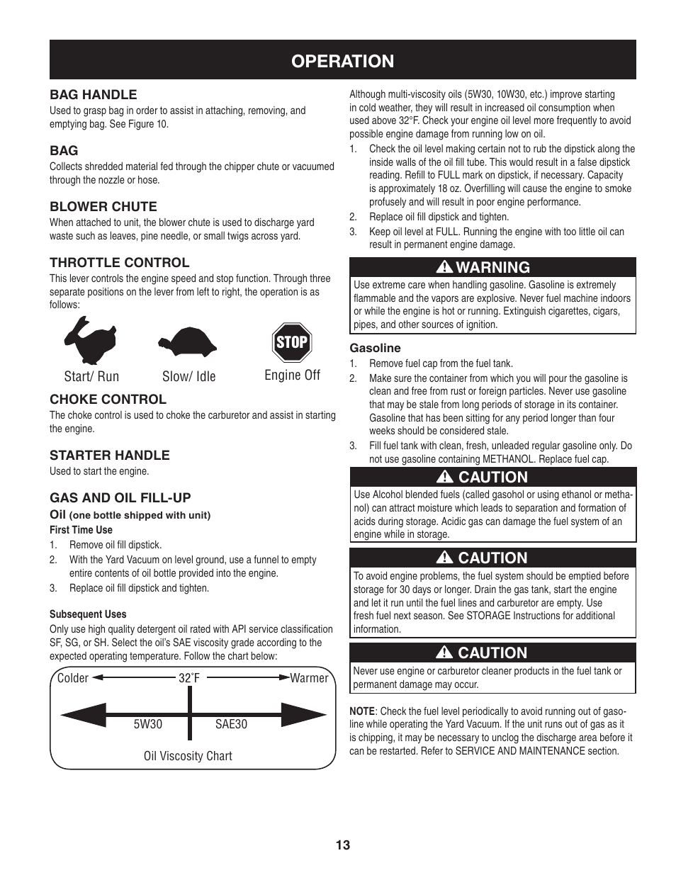 Operation, Warning, Caution | Craftsman 247.77013.0 User Manual | Page 13 / 60