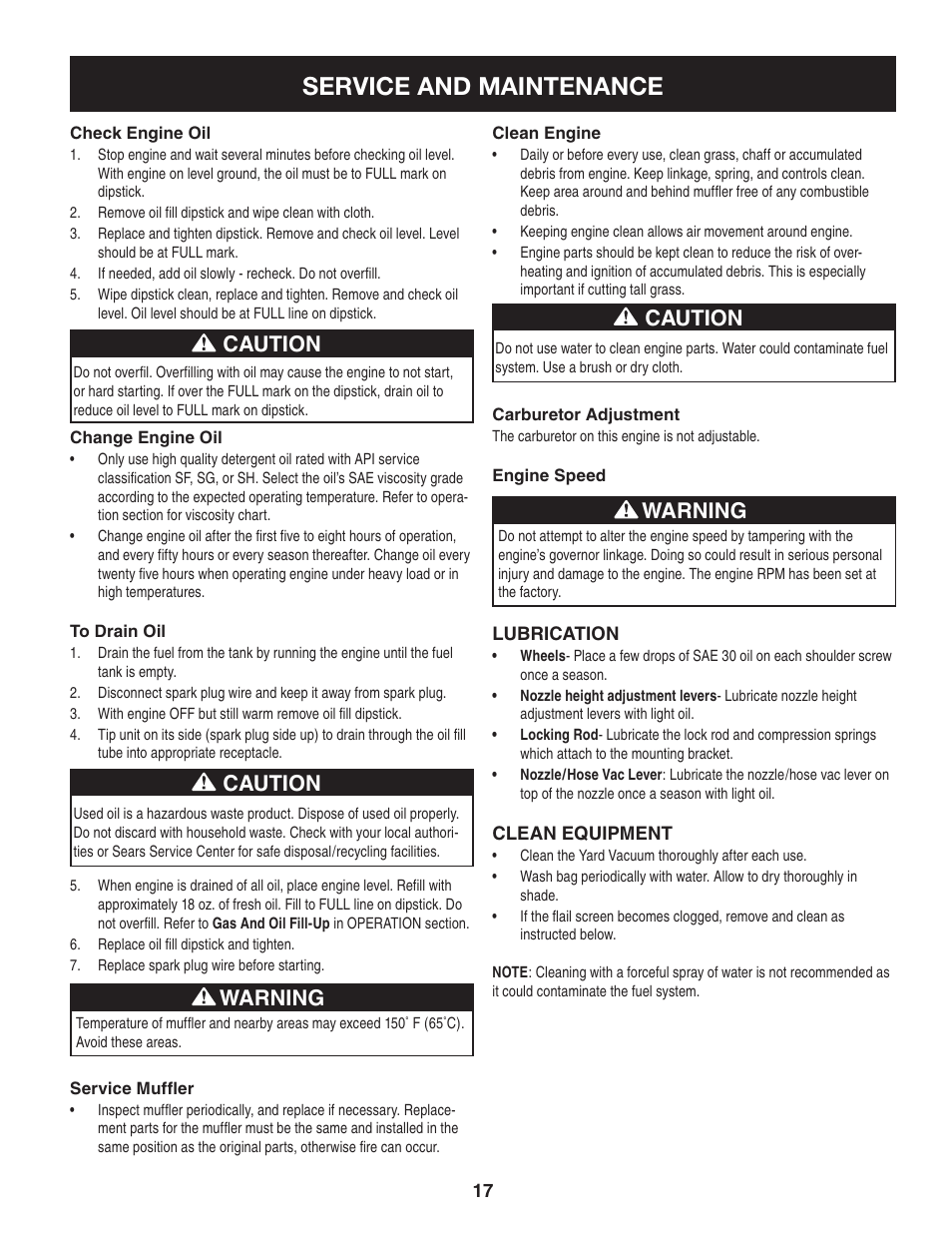 Service and maintenance, Caution, Warning | Craftsman 247.77013.0 User Manual | Page 17 / 60