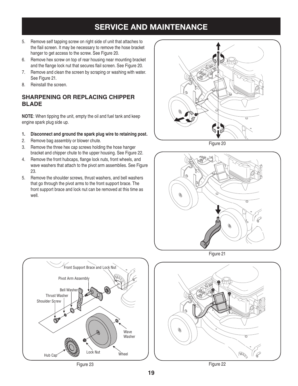 Service and maintenance, Sharpening or replacing chipper blade | Craftsman 247.77013.0 User Manual | Page 19 / 60