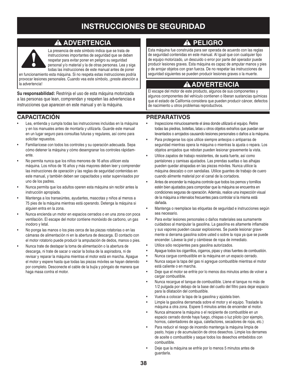 Instrucciones de seguridad, Peligro, Advertencia | Craftsman 247.77013.0 User Manual | Page 38 / 60