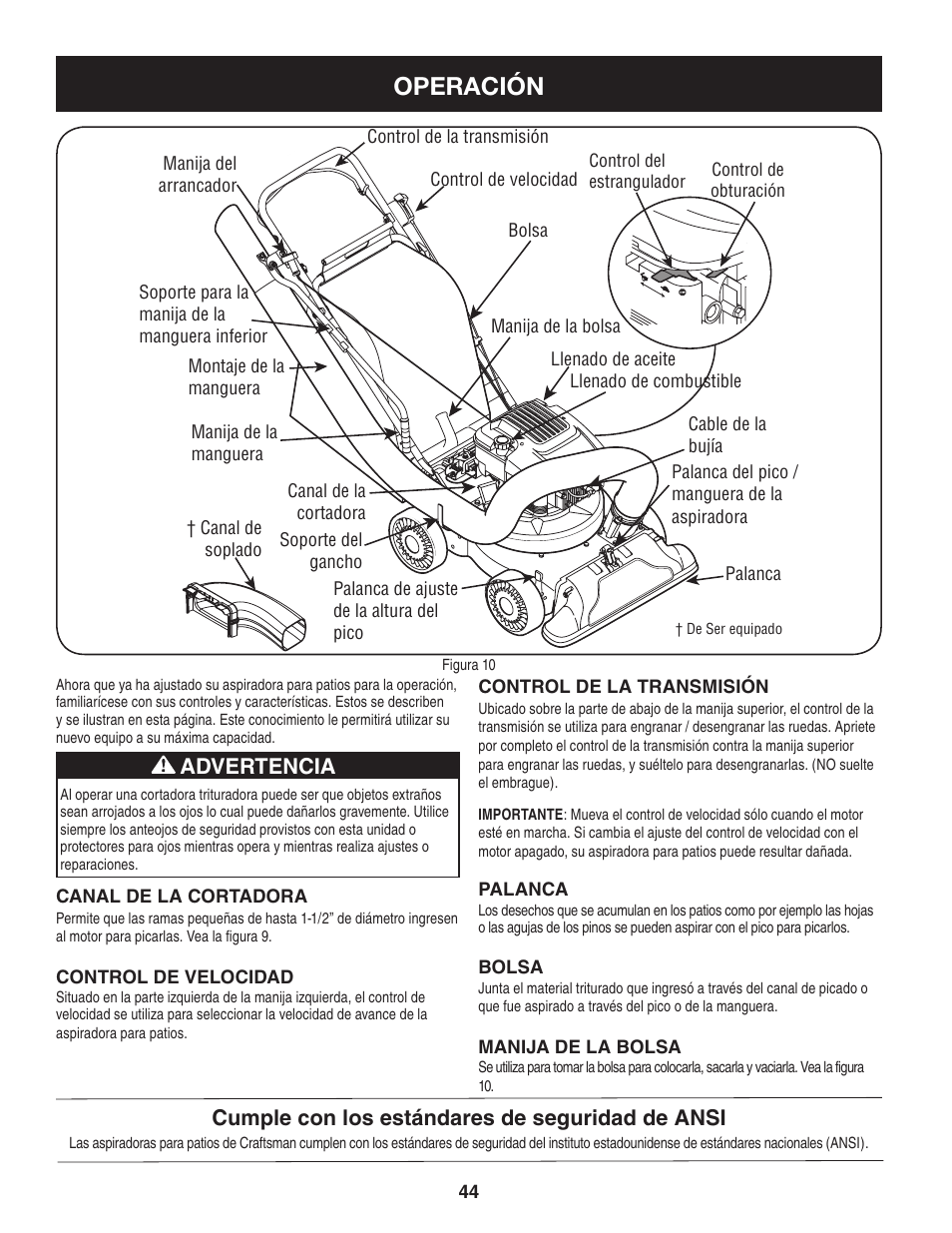 Operación, Cumple con los estándares de seguridad de ansi, Advertencia | Craftsman 247.77013.0 User Manual | Page 44 / 60