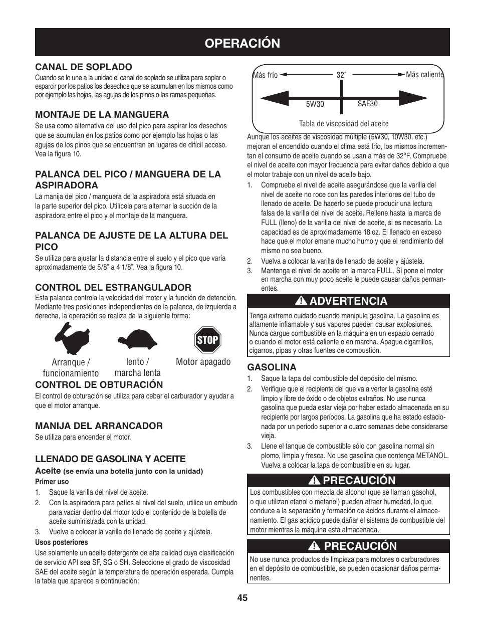 Operación, Precaución, Advertencia | Craftsman 247.77013.0 User Manual | Page 45 / 60