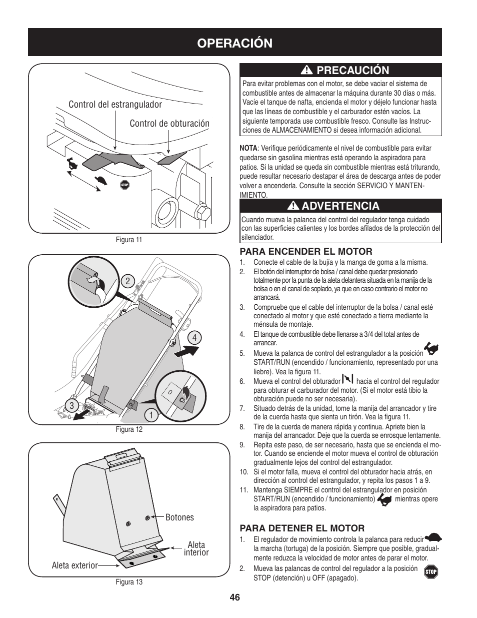 Operación, Advertencia, Precaución | Craftsman 247.77013.0 User Manual | Page 46 / 60
