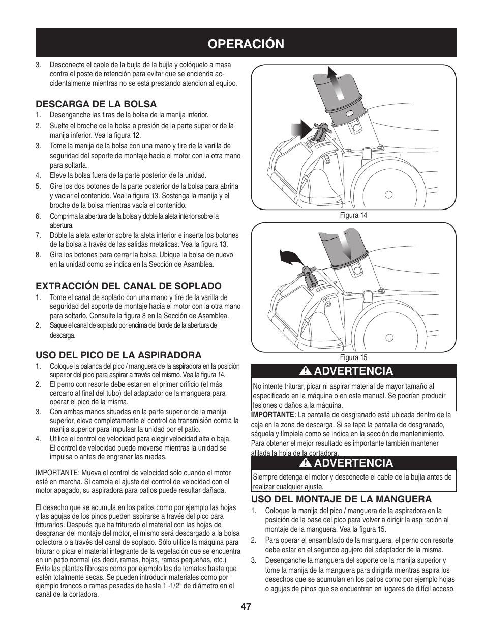 Operación, Advertencia | Craftsman 247.77013.0 User Manual | Page 47 / 60