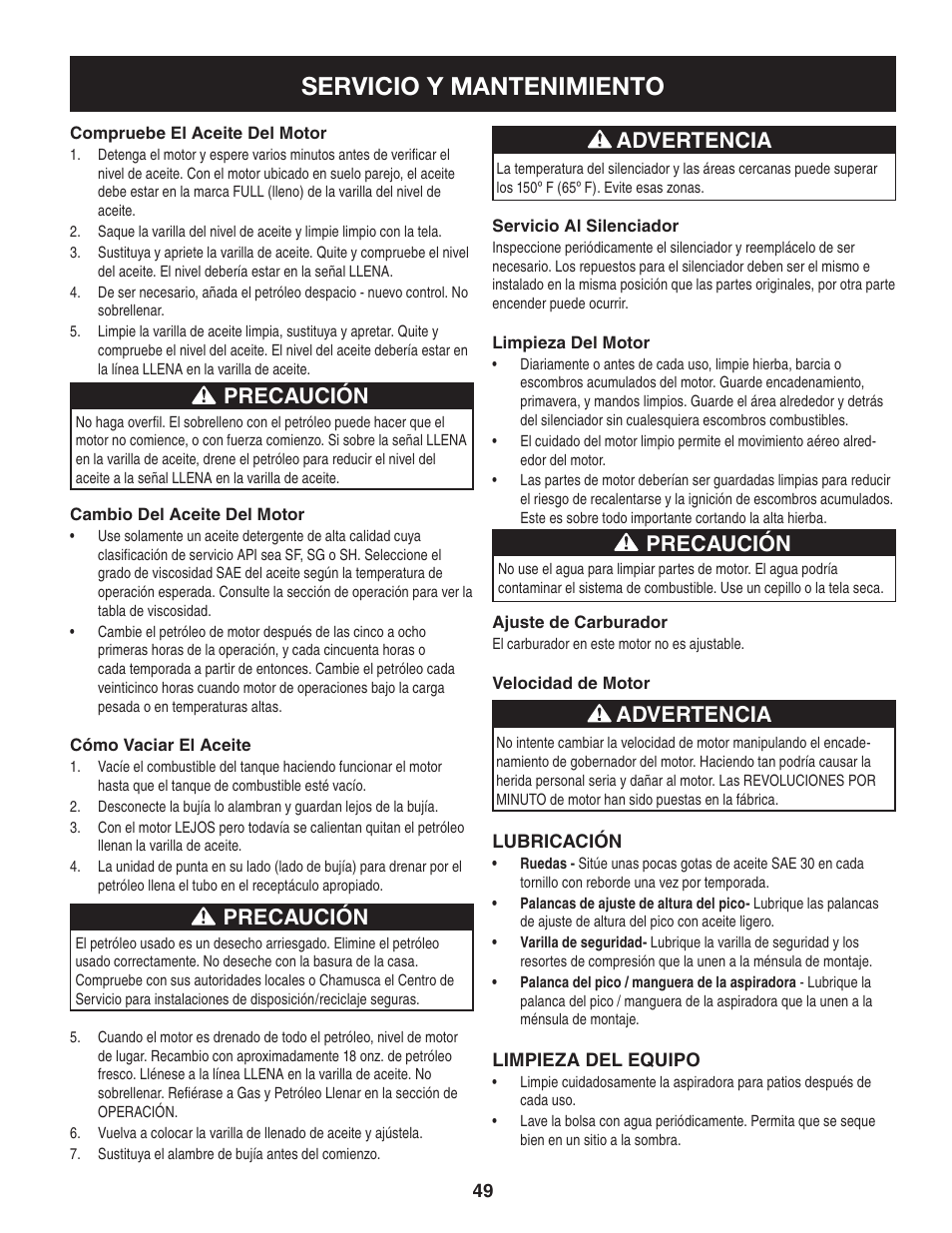 Servicio y mantenimiento, Precaución, Advertencia | Craftsman 247.77013.0 User Manual | Page 49 / 60