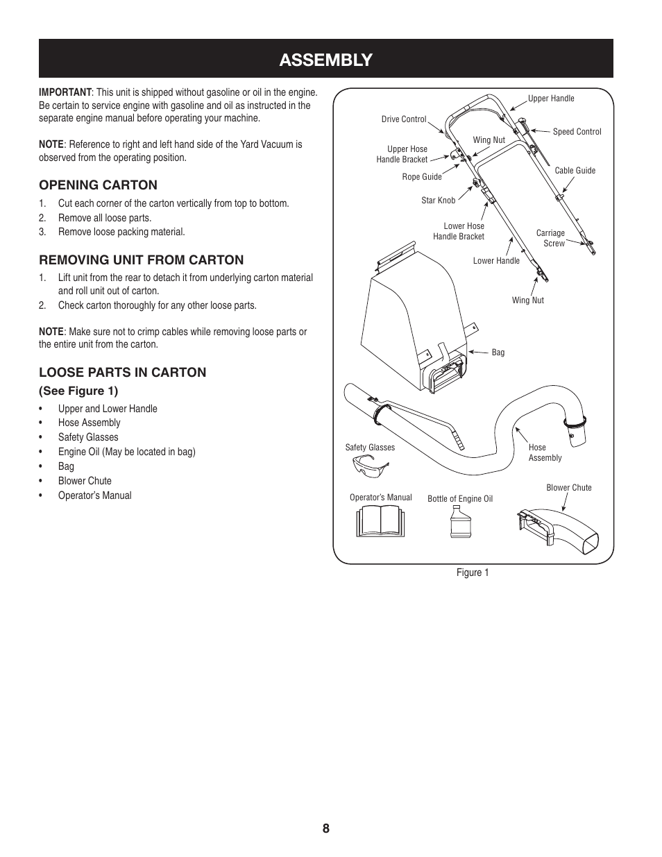 Assembly, Opening carton, Removing unit from carton | Loose parts in carton | Craftsman 247.77013.0 User Manual | Page 8 / 60