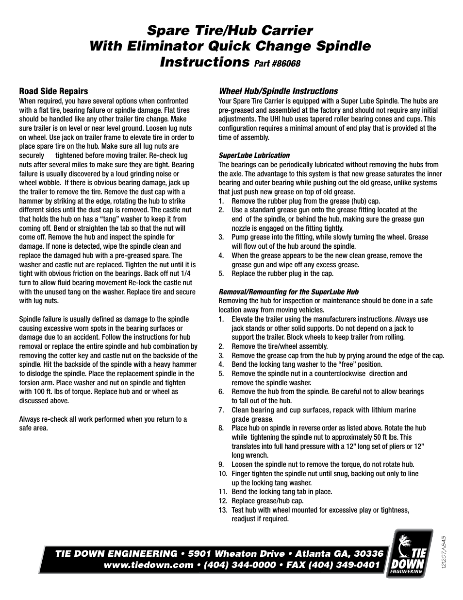 Hub & tire carrier, With eliminator quick change spindle | Tie Down 86068 User Manual | Page 2 / 2