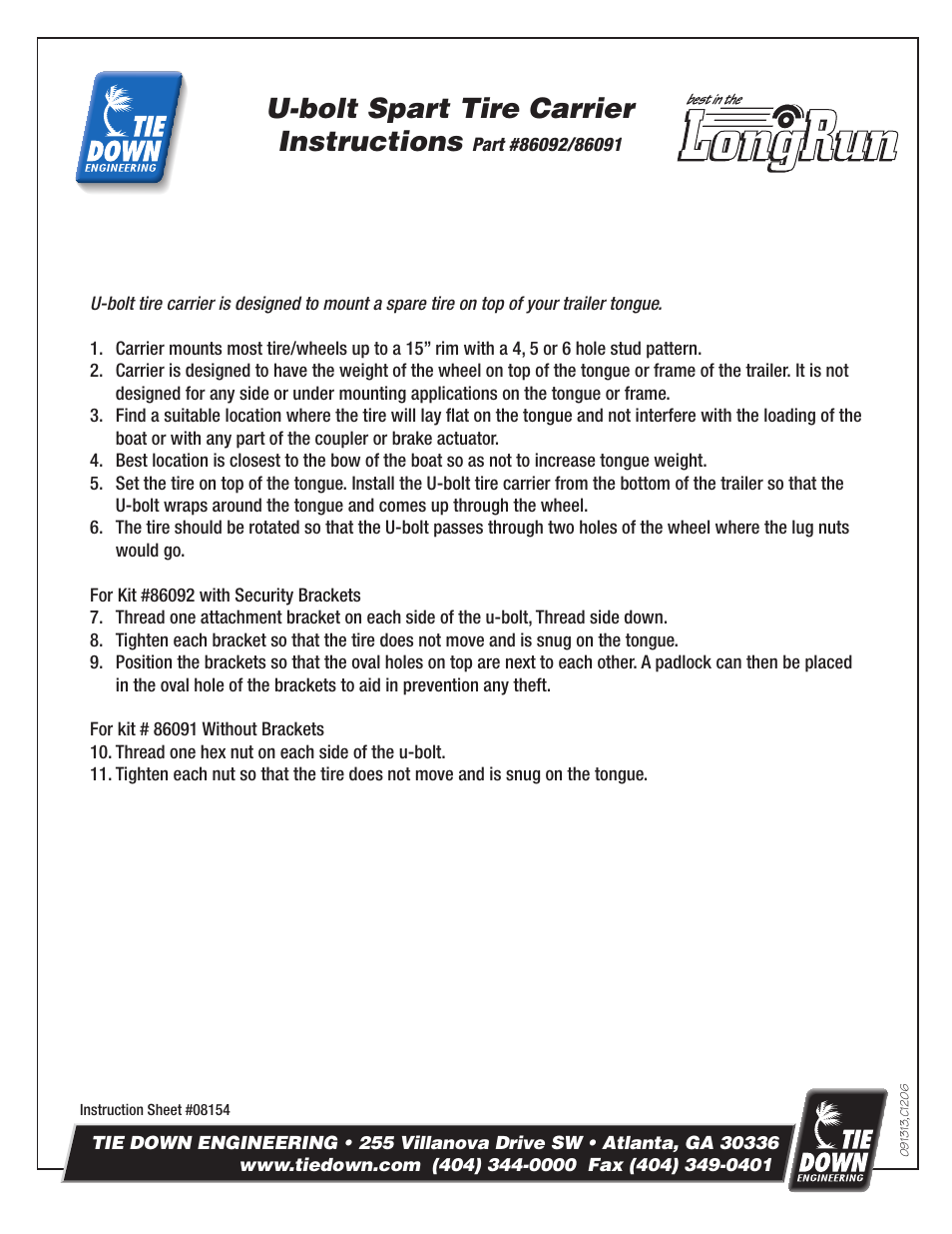 Tie Down U-bolt Spare Tire Carrier User Manual | 1 page
