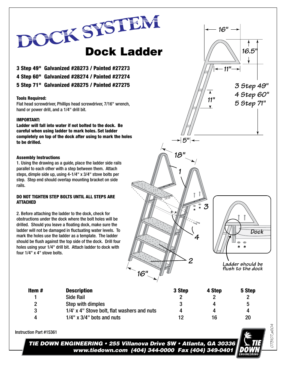 Tie Down Dock Ladder User Manual | 2 pages