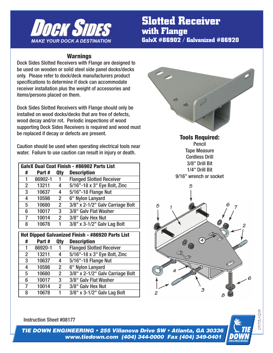 Tie Down Slotted Receiver User Manual | 2 pages