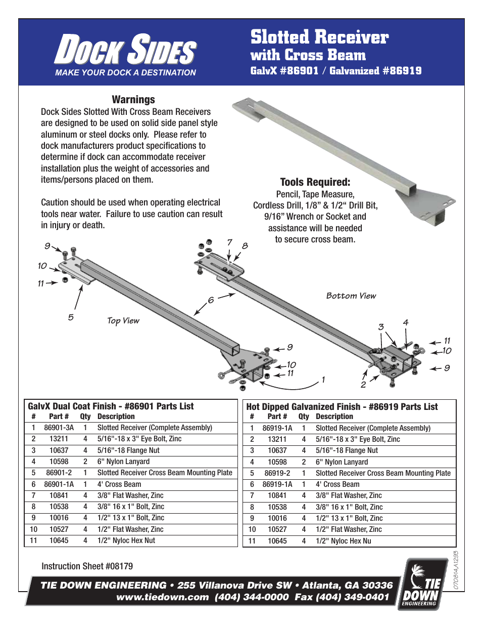 Tie Down Slotted Receiver with Cross Beam User Manual | 2 pages