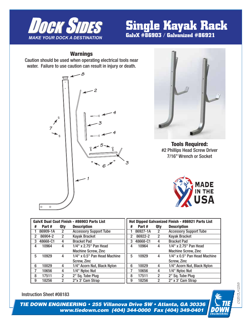 Tie Down Single Kayak Rack User Manual | 2 pages