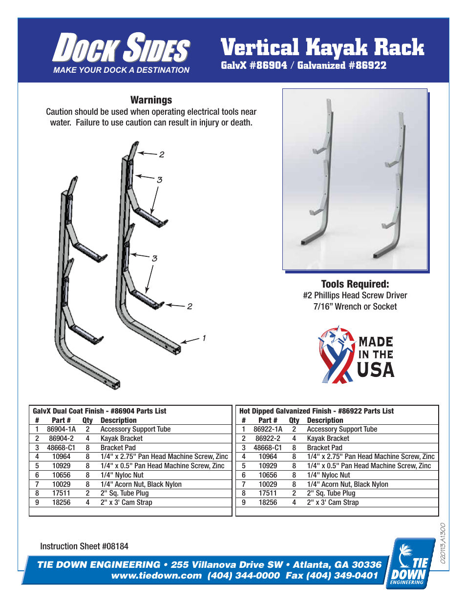 Tie Down Vertical Kayak Rack User Manual | 2 pages