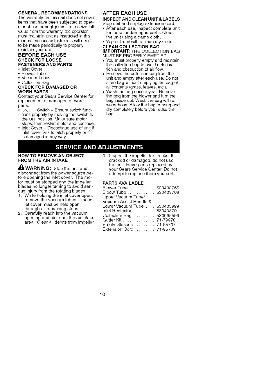 Service and adjustments | Craftsman 358.748220 User Manual | Page 10 / 23