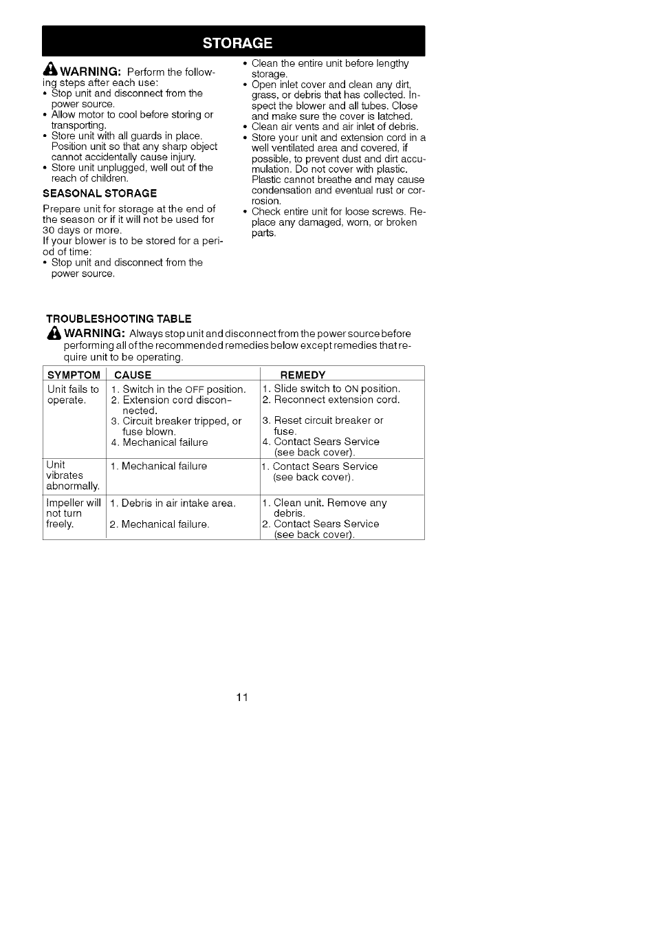 Storage | Craftsman 358.748220 User Manual | Page 11 / 23