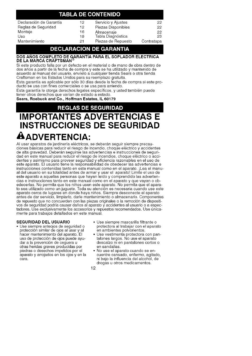 Dvertencia | Craftsman 358.748220 User Manual | Page 12 / 23