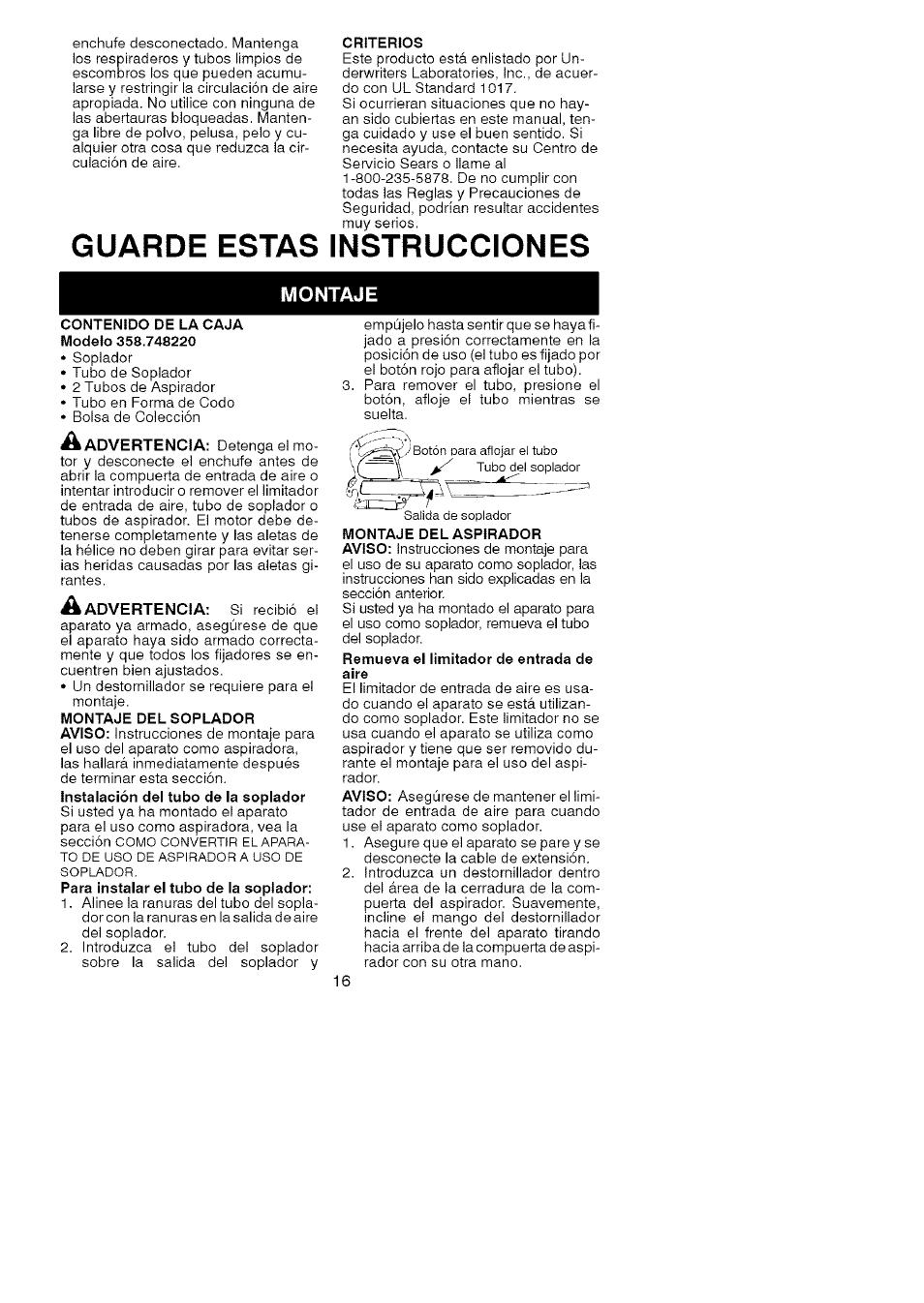 Guarde estas, Instrucciones, Montaje | A advertencia | Craftsman 358.748220 User Manual | Page 16 / 23