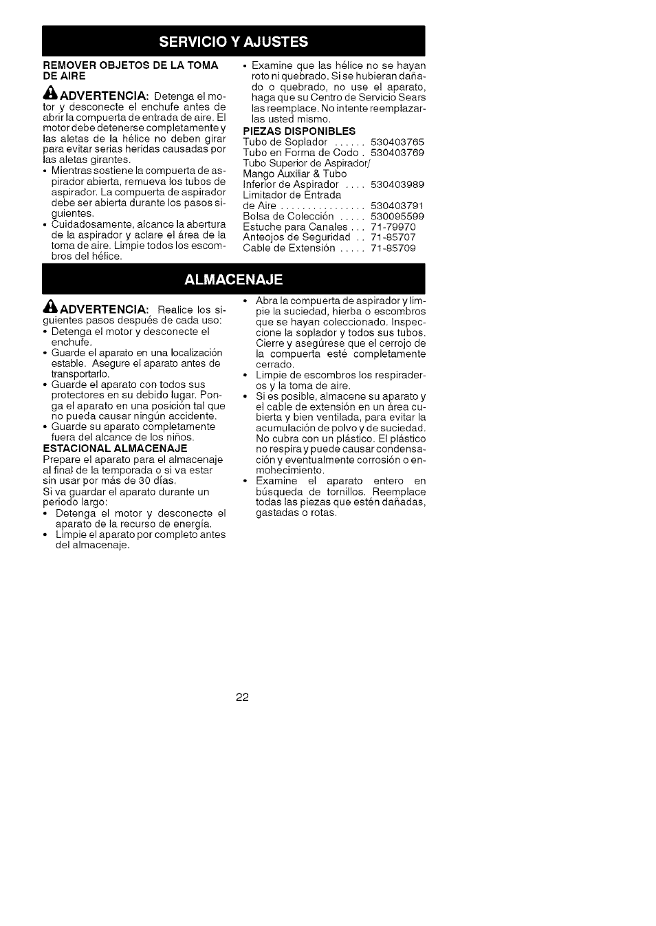 Servicio y ajustes, A advertencia, Almacenaje a advertencia | Craftsman 358.748220 User Manual | Page 22 / 23