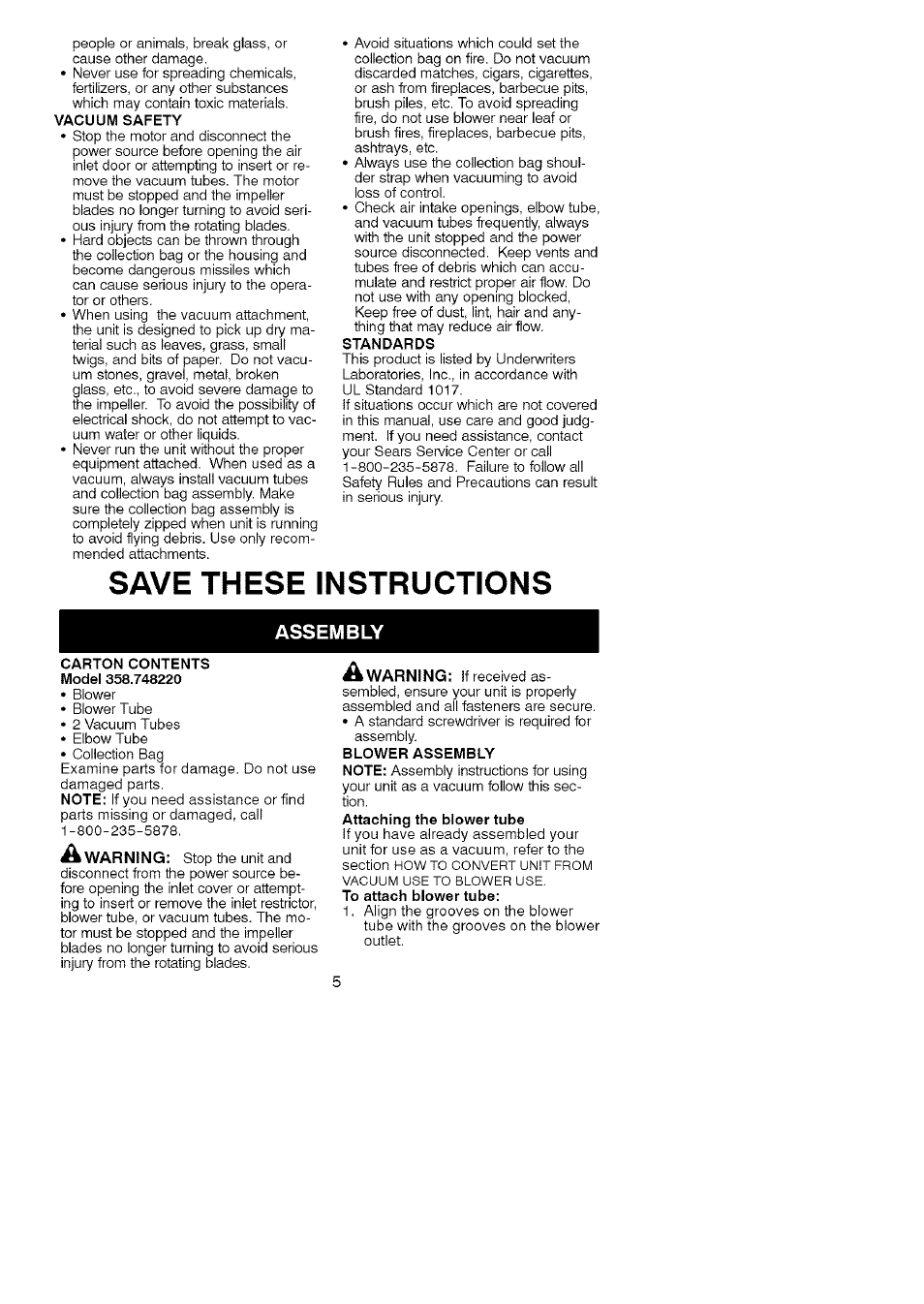 Save these instructions, Assembly | Craftsman 358.748220 User Manual | Page 5 / 23