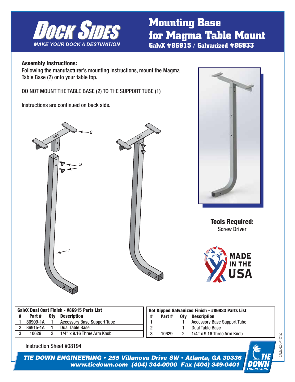 Tie Down Base - Magma Table Dua Mounting User Manual | 2 pages