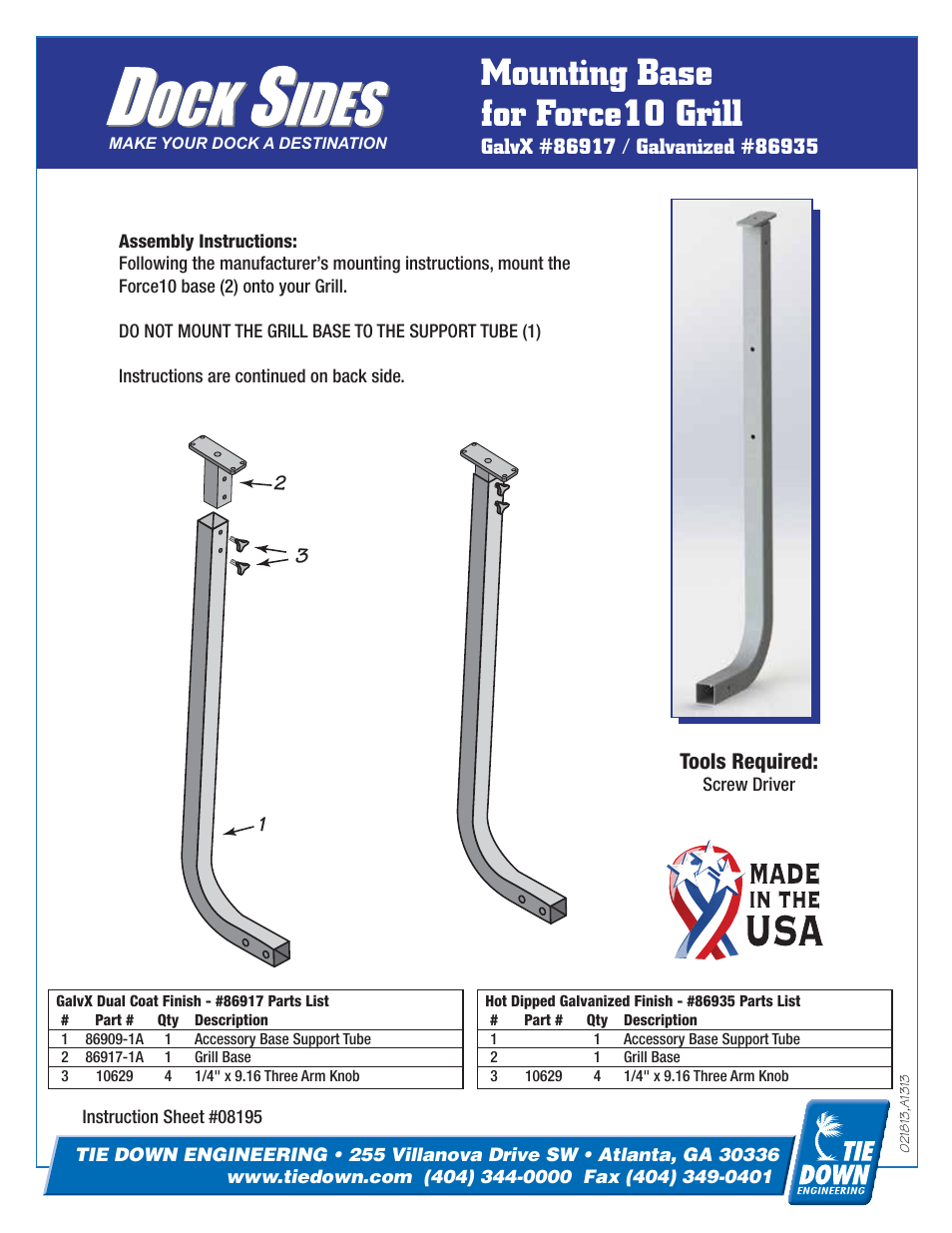Tie Down Base - Force 10/Kuuma Grill Moun Mounting User Manual | 2 pages