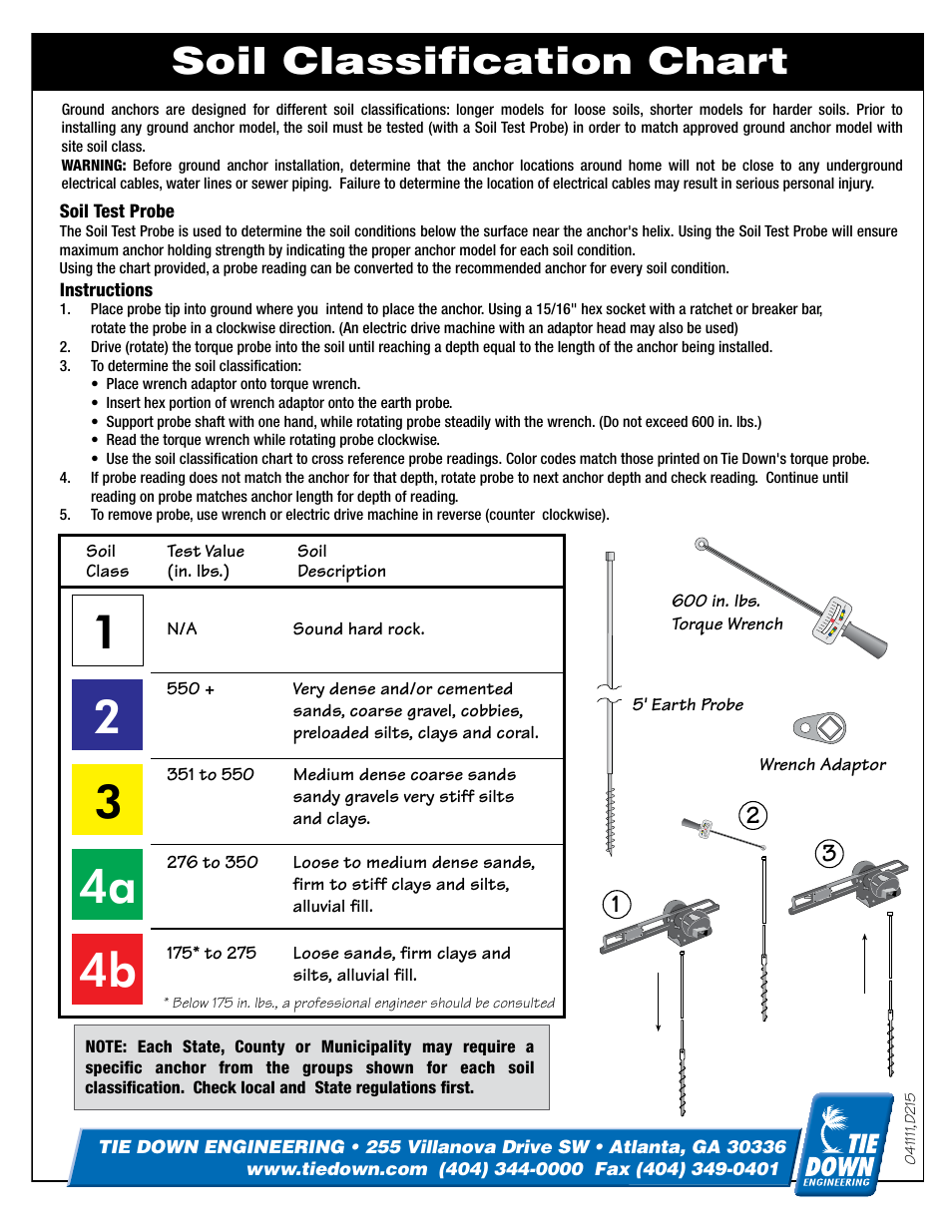 4b 4a 3 1, Soil classification chart, Anchor chart | Tie Down Manufactured Housing Anchor User Manual | Page 11 / 12