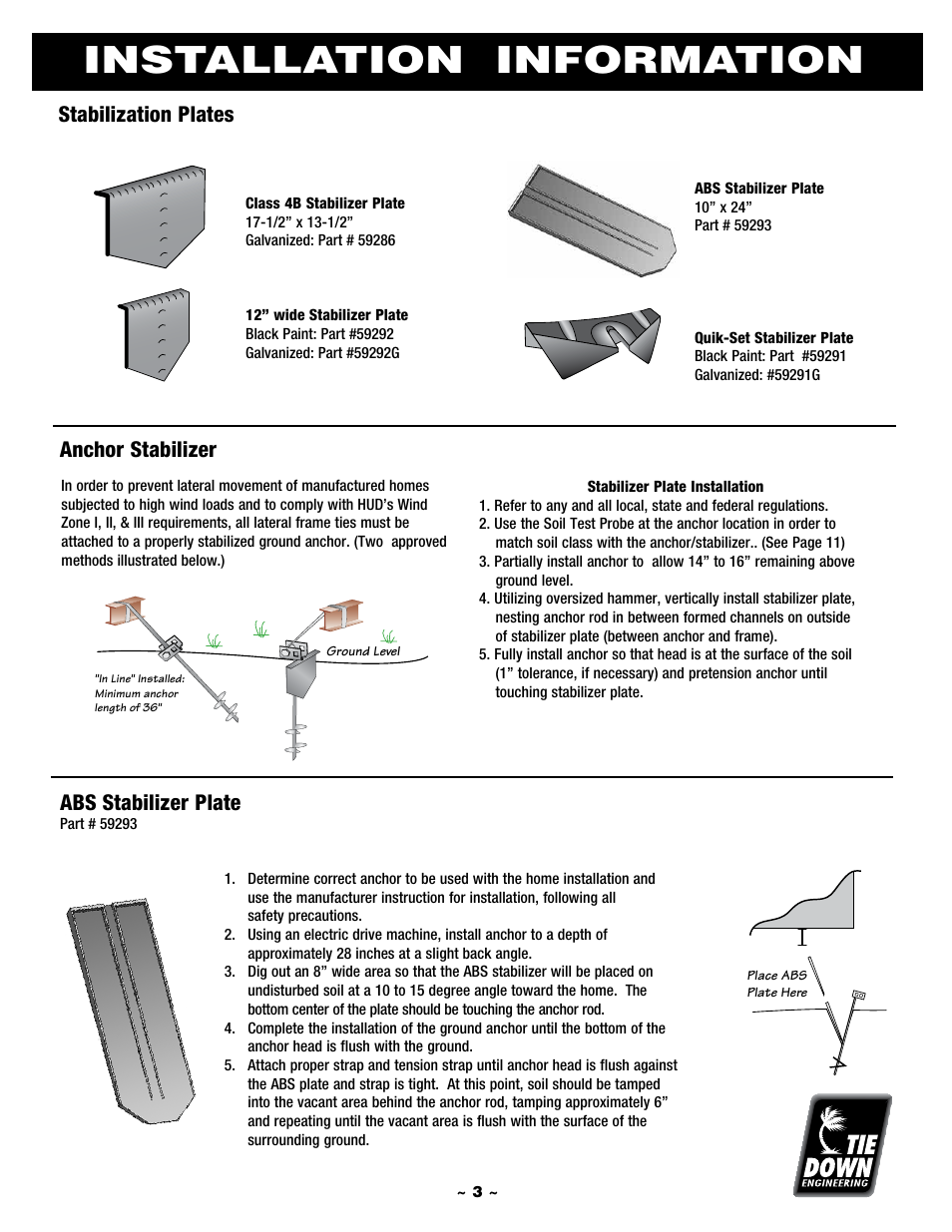 Installation information, Abs stabilizer plate, Stabilization plates | Anchor stabilizer | Tie Down Manufactured Housing Anchor User Manual | Page 3 / 12