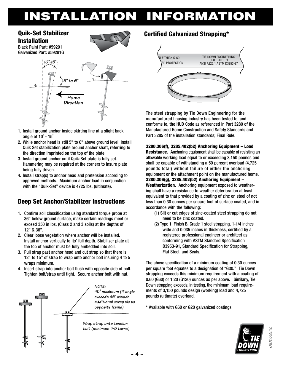 Installation information, File name "strapping2.eps, 2 seals - 2 crimps per seal | Certified galvanized strapping, Quik-set stabilizer installation, Deep set anchor/stabilizer instructions | Tie Down Manufactured Housing Anchor User Manual | Page 4 / 12