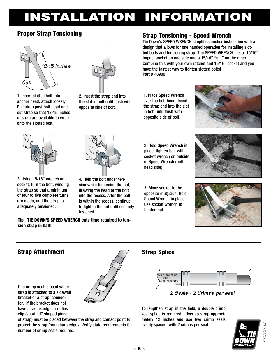 Installation information, File name "strapping2.eps, Proper strap tensioning | Strap attachment, Strap splice, Strap tensioning - speed wrench, 15 inches cut, 2 seals - 2 crimps per seal | Tie Down Manufactured Housing Anchor User Manual | Page 5 / 12
