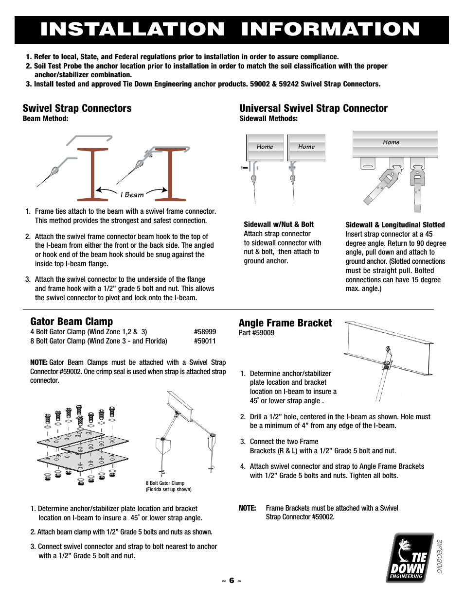 Installation information, Swivel strap connectors, Universal swivel strap connector | Angle frame bracket, Gator beam clamp | Tie Down Manufactured Housing Anchor User Manual | Page 6 / 12