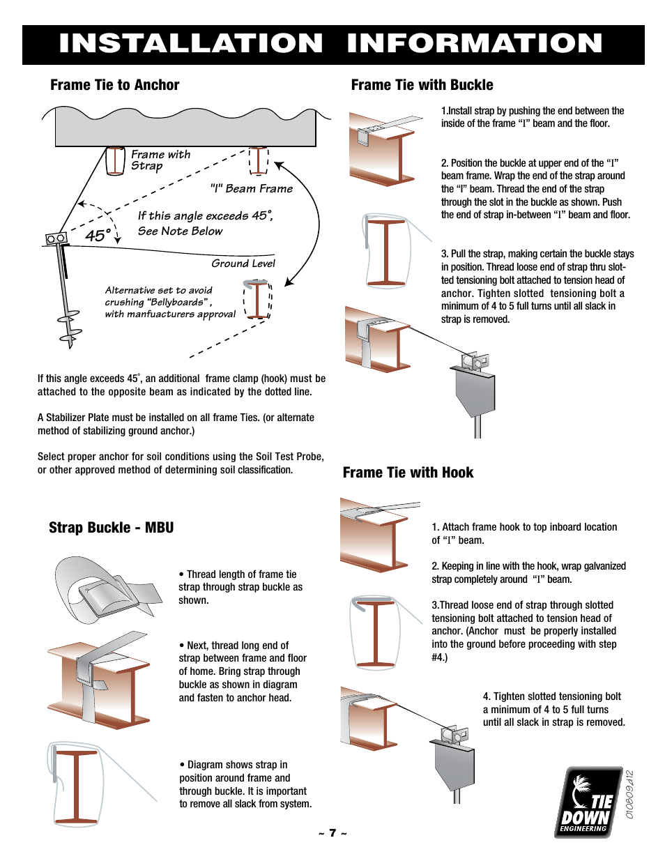 Installation information, Strap buckle - mbu, Frame tie with hook frame tie with buckle | Frame tie to anchor | Tie Down Manufactured Housing Anchor User Manual | Page 7 / 12