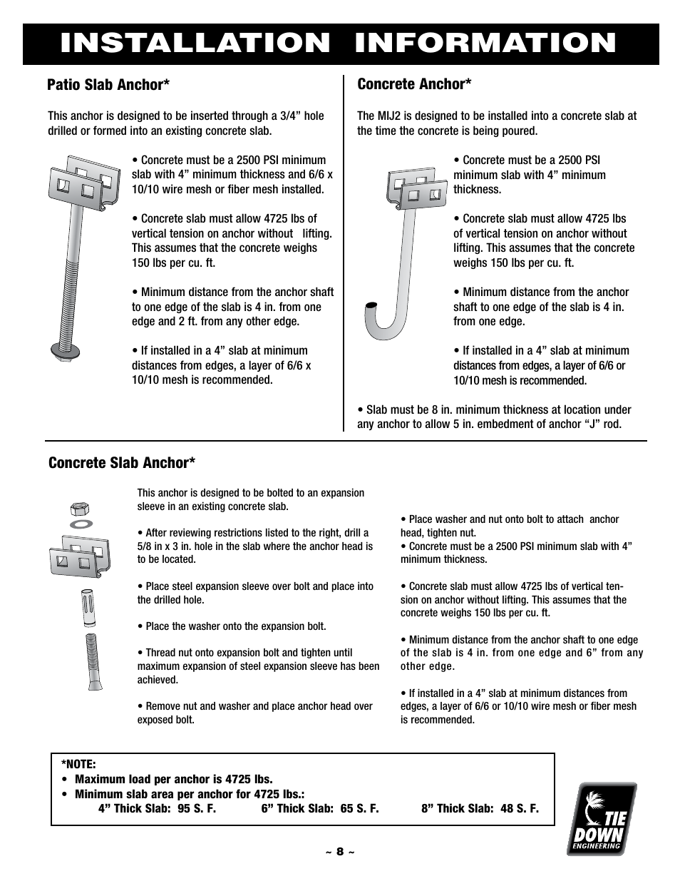 Installation information | Tie Down Manufactured Housing Anchor User Manual | Page 8 / 12
