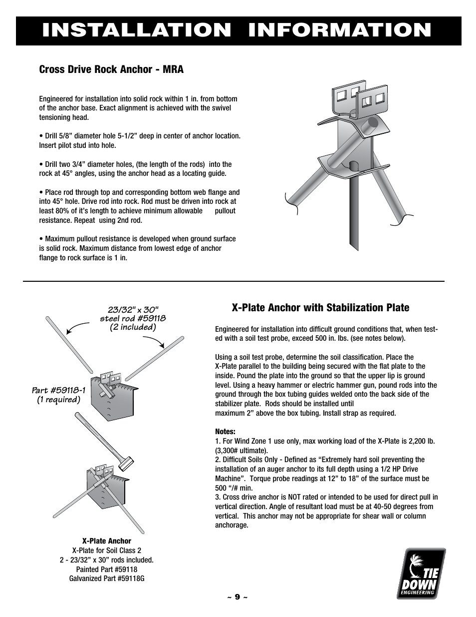 Installation information, Cross drive rock anchor - mra, X-plate anchor with stabilization plate | Tie Down Manufactured Housing Anchor User Manual | Page 9 / 12