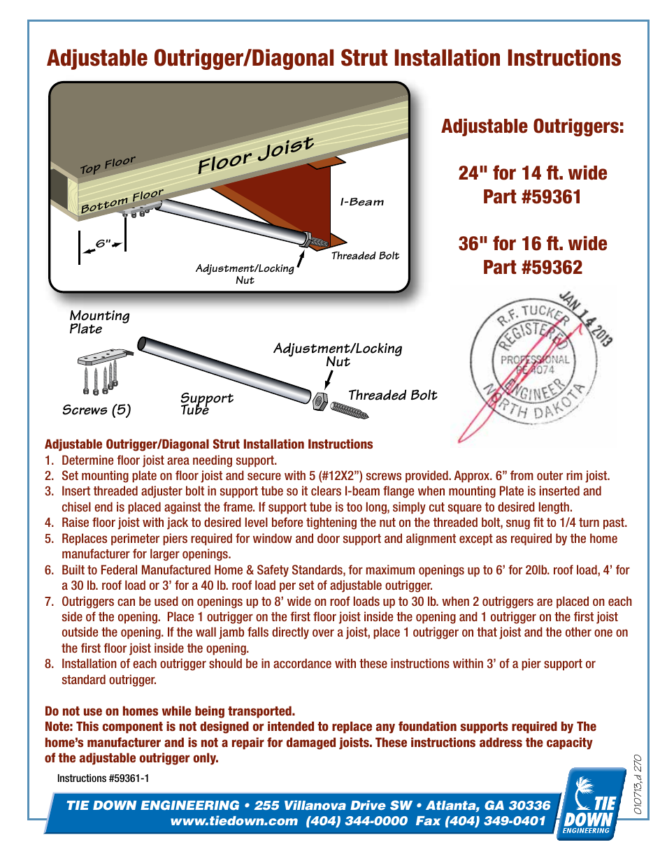 Tie Down Adjustable Outrigger User Manual | 1 page