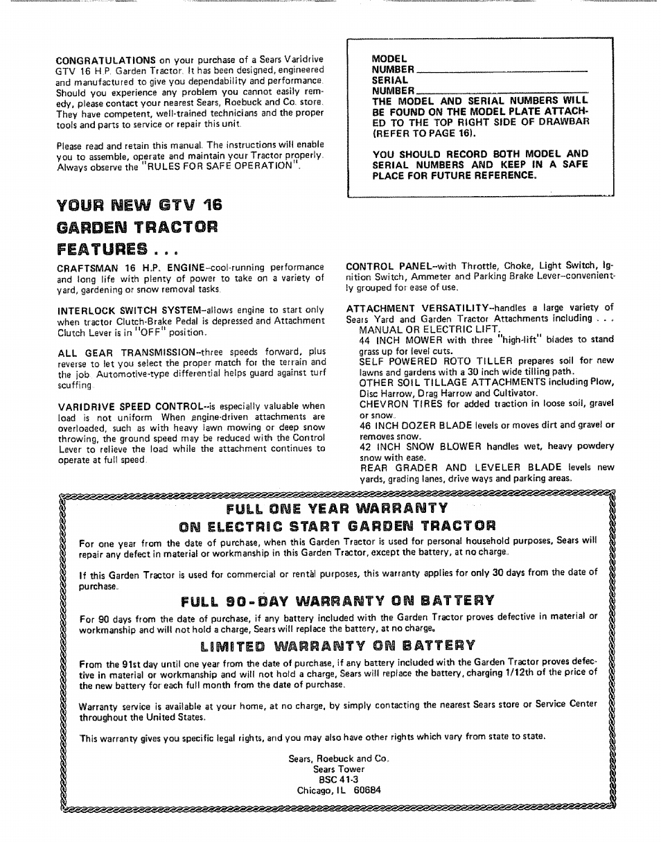 Your new gtv 16 garden tractor, Features, Full sq-oay warramty om battery | Limuteo warranty шш battery, Limuteo warranty, Battery | Craftsman 917.253724 User Manual | Page 2 / 36