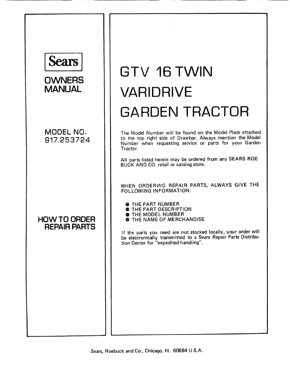 Owners, Manual, Model no | How to order repair rarts, Gtv 16 twin varidrive garden tractor, Owners manual model no | Craftsman 917.253724 User Manual | Page 36 / 36