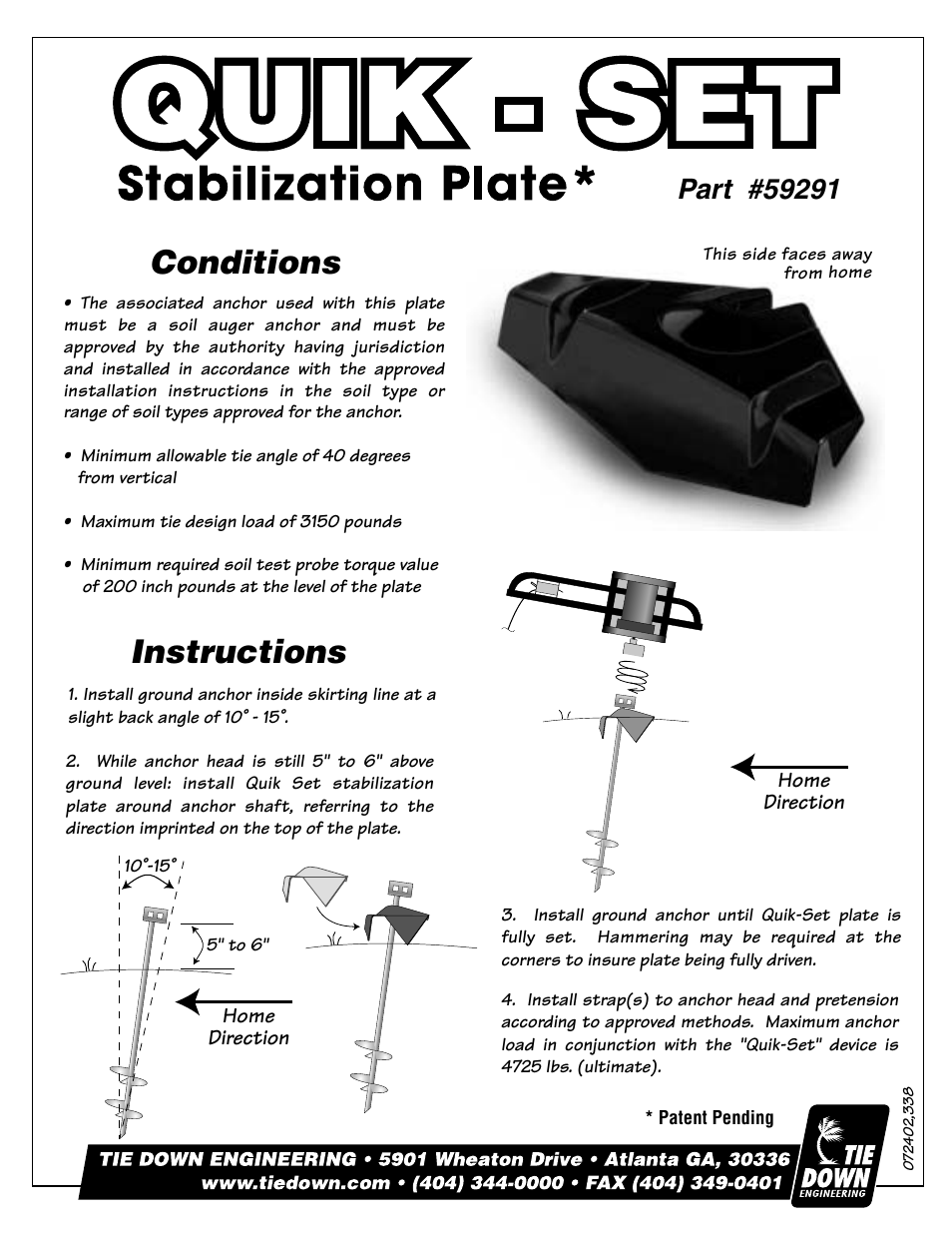 Tie Down Quik-Set Stabilization Plate User Manual | 1 page