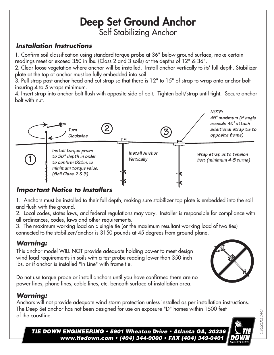 Tie Down Deep Set Ground Anchor User Manual | 1 page