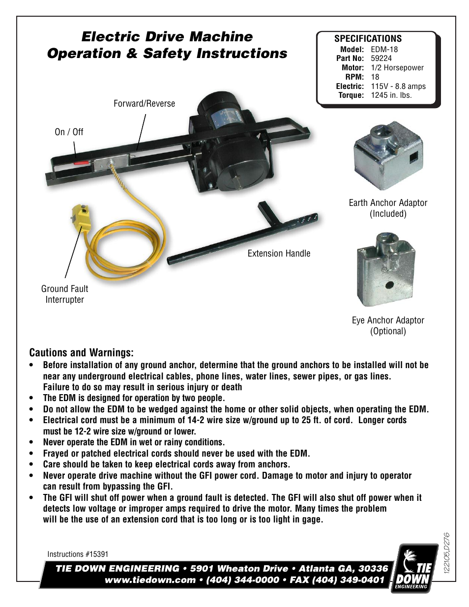Tie Down Electric Drive Machine User Manual | 4 pages